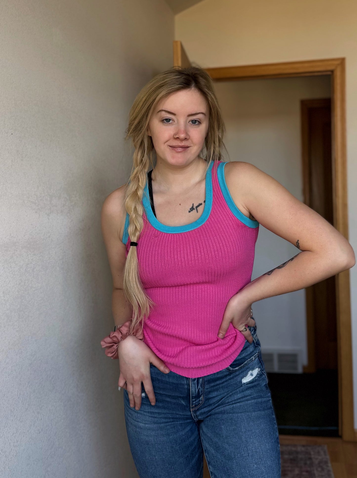 Colorblock Edge Ribbed Knit U Neck Tank Top