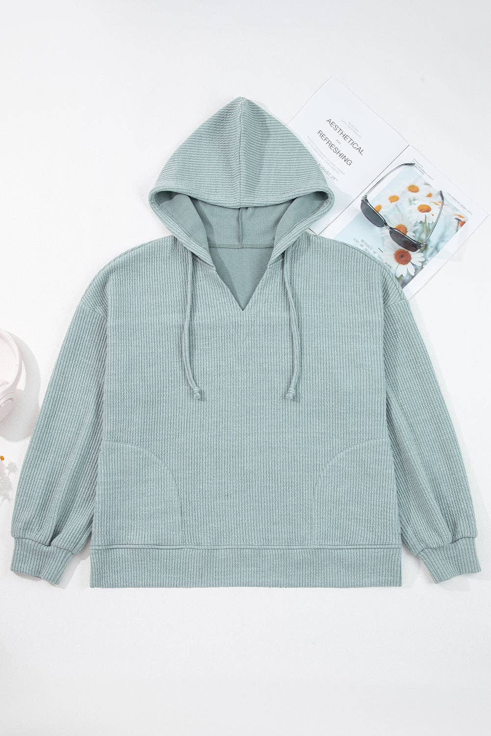 Solid Ribbed Drop Shoulder Hoodie