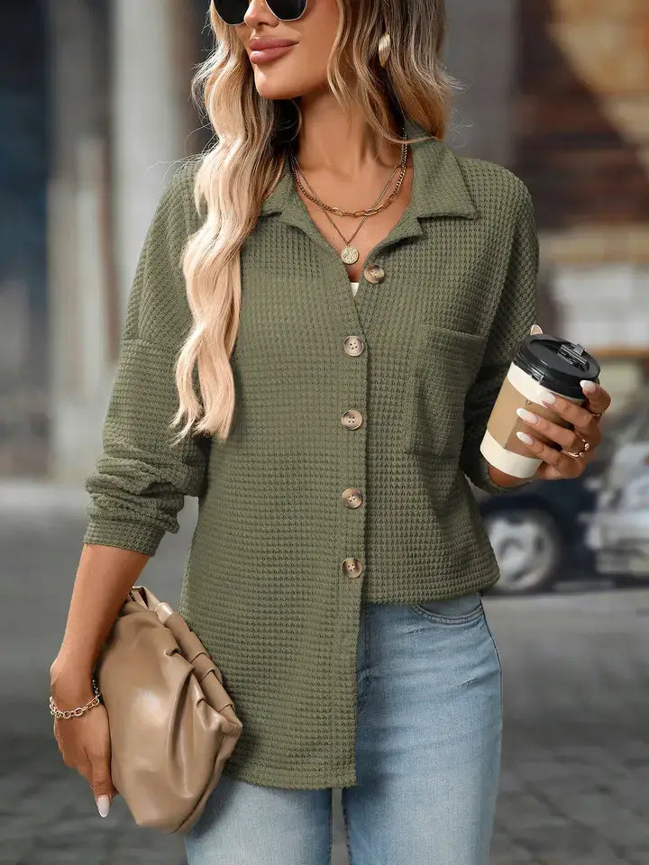 Waffle Knit Button-Up Long Sleeve