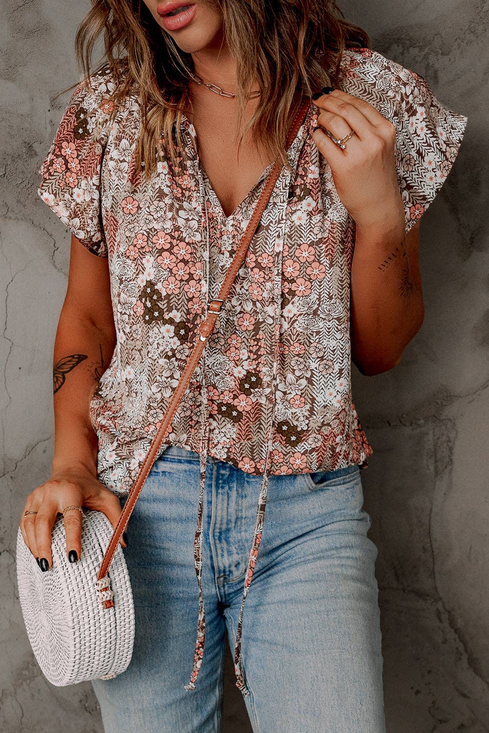 V-neck Short Sleeve Fluttering Blouse