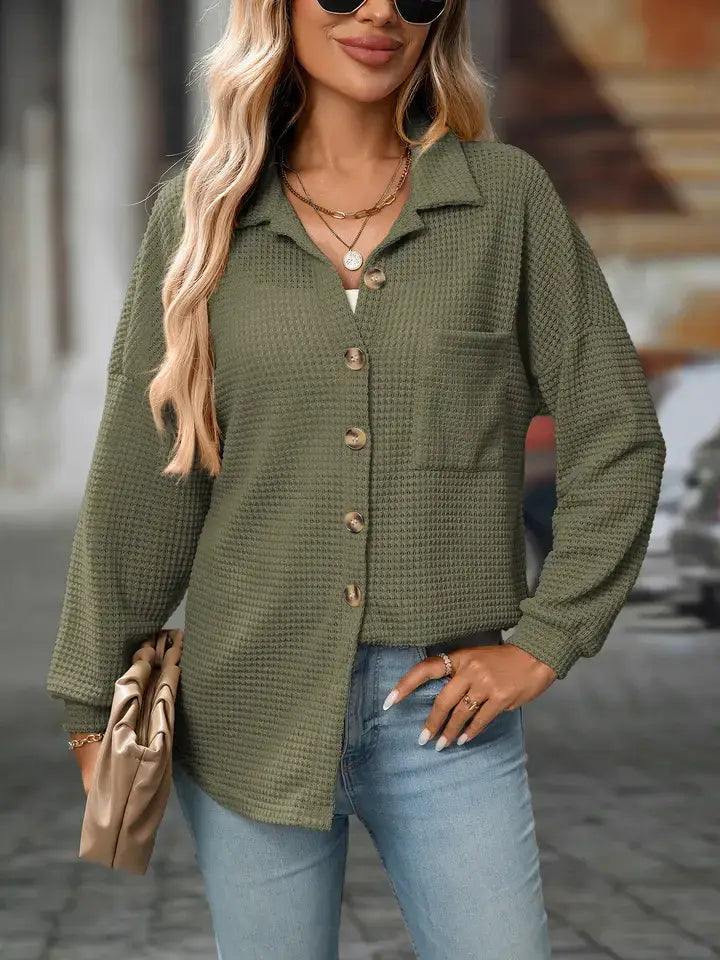 Waffle Knit Button-Up Long Sleeve