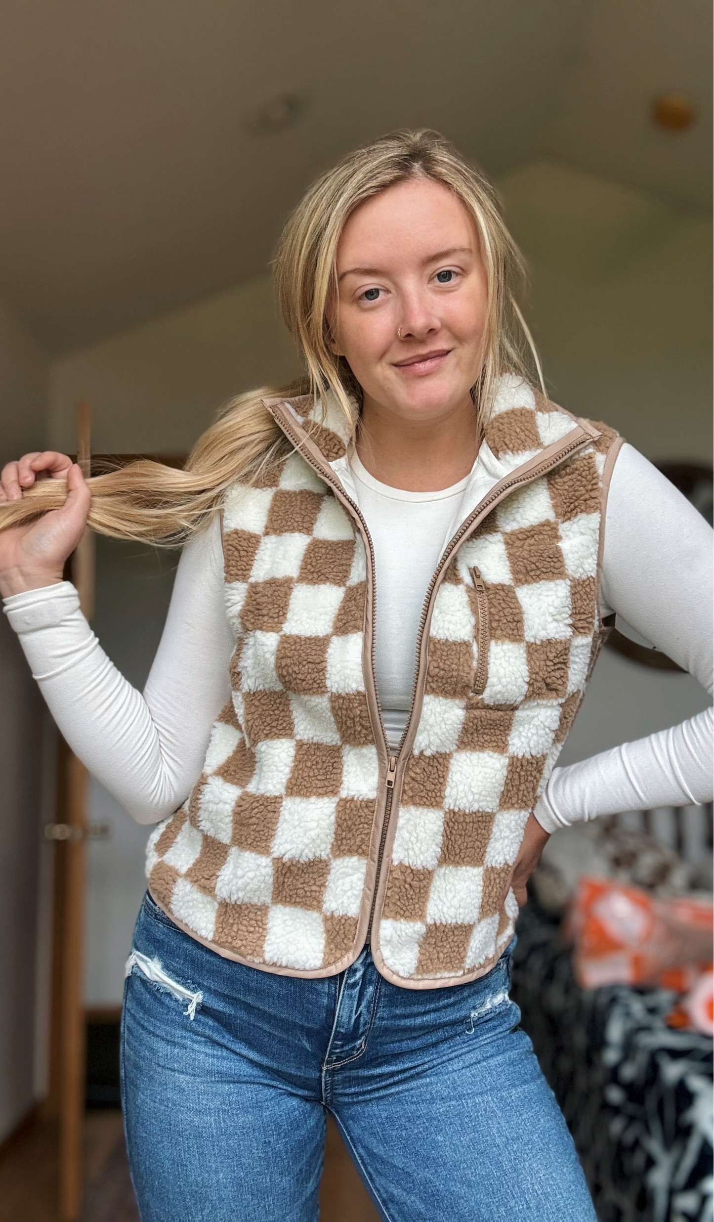 Checker Sherpa Zipped Jacket Vest