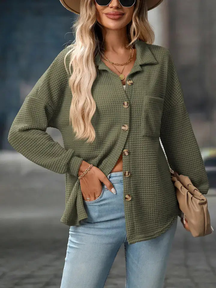 Waffle Knit Button-Up Long Sleeve