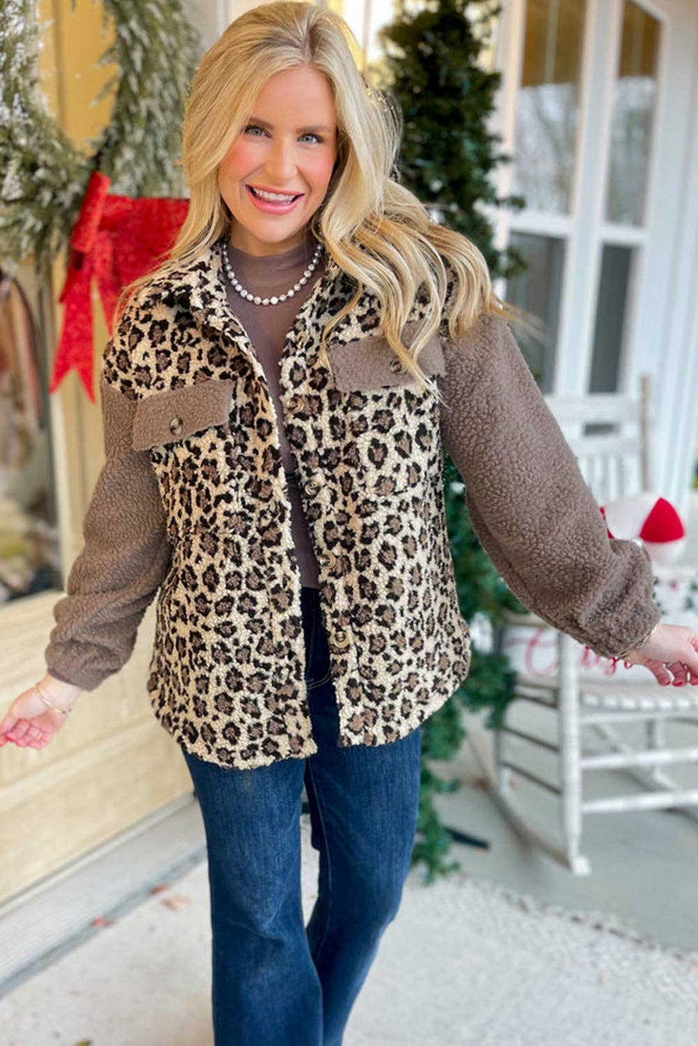 Brown Sherpa Leopard Print Button Up Jacket