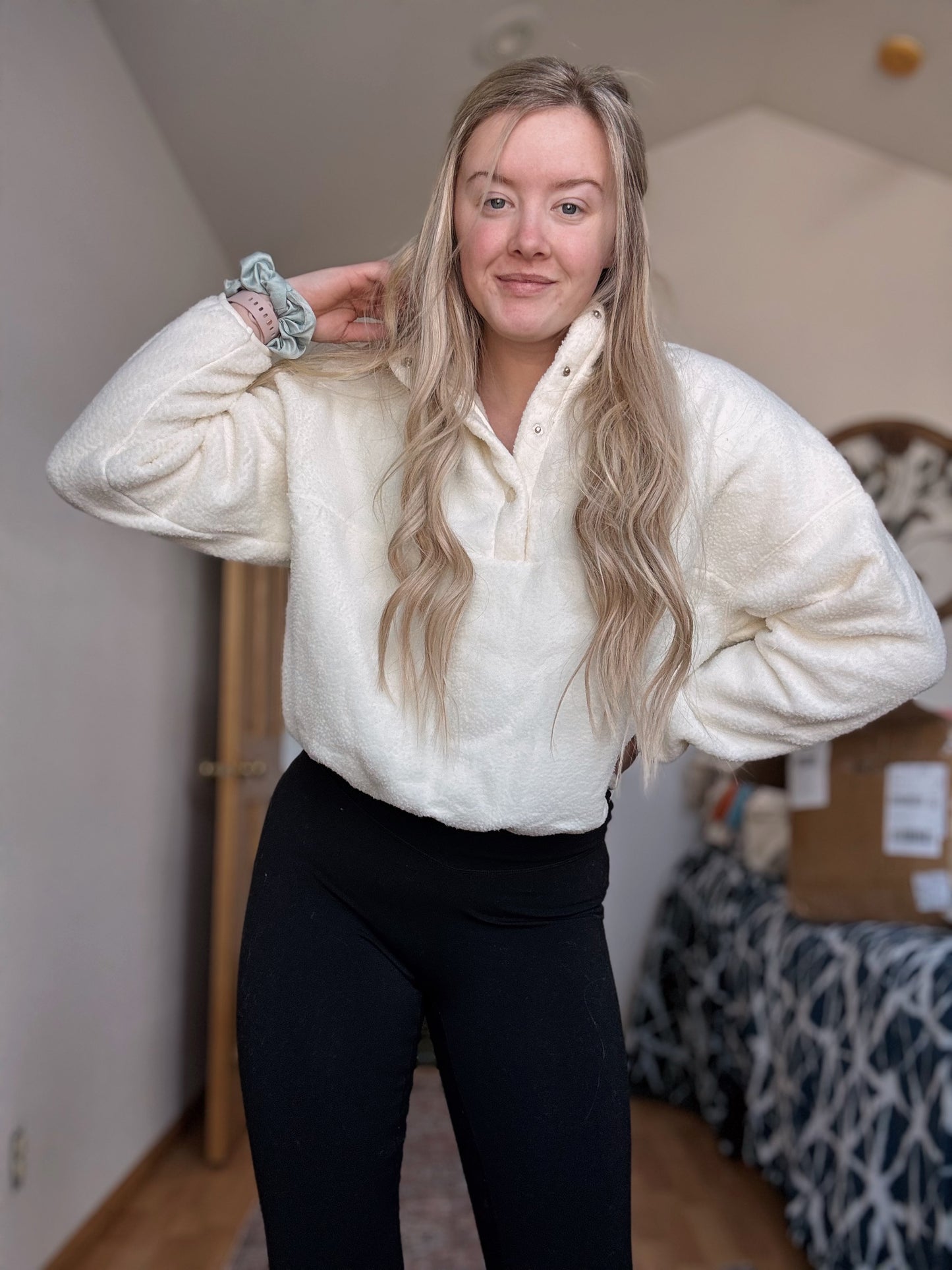 Fleece Buttoned Collar Drop Shoulder Sweatshirt