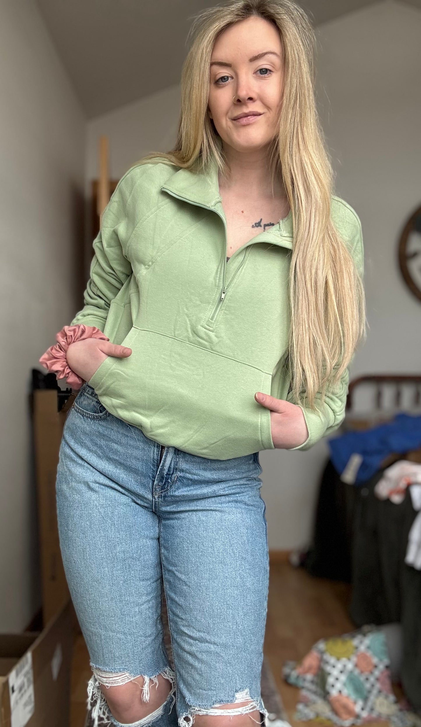 Zip Up Stand Collar Ribbed Thumbhole Sleeve Sweatshirt