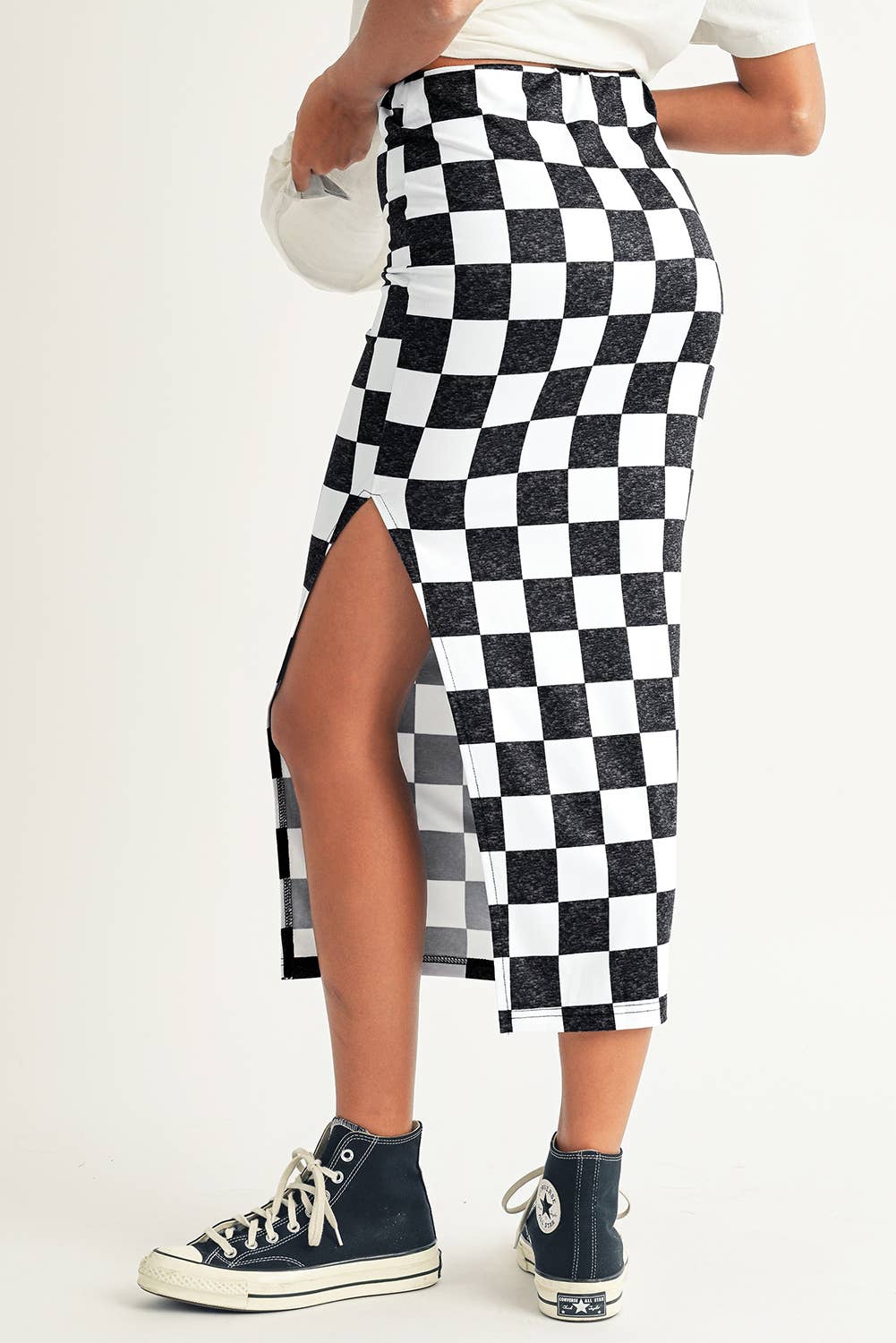LDC Checkered Print Side Slit High Waist Midi Skirt