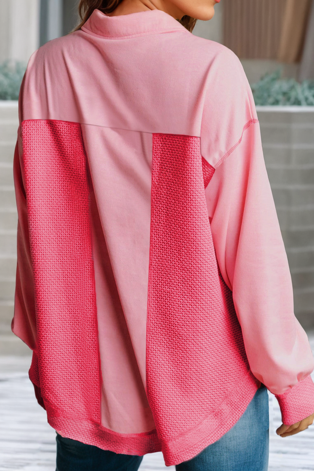 Two Tone Contrast Waffle Knit Buttoned Loose Shacket