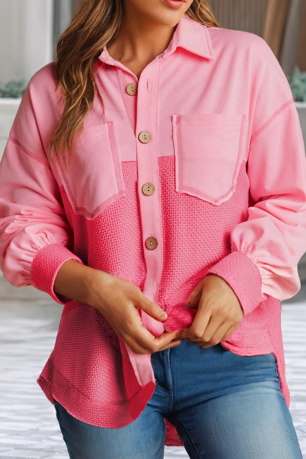 Two Tone Contrast Waffle Knit Buttoned Loose Shacket