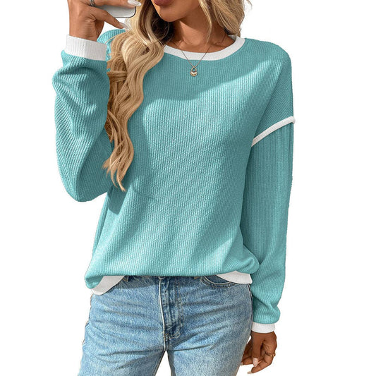 Colorblock Crewneck Knit Look Long Sleeve Pullover Top