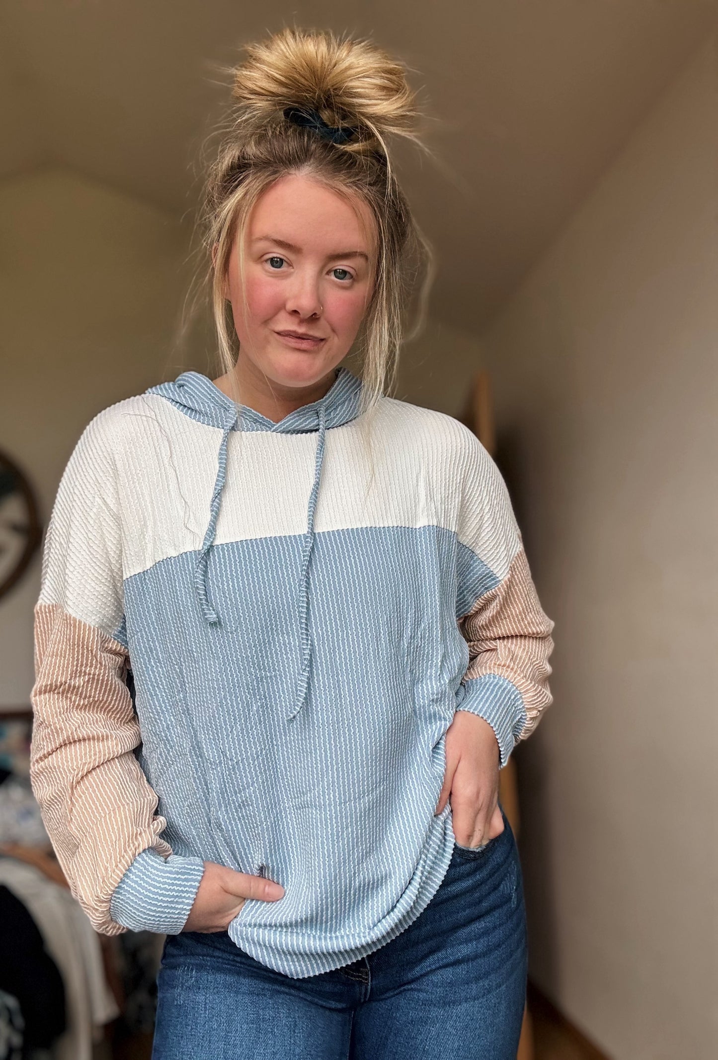 Colorblock Knit Hoodie Pullover Casual Loose Fit Sweatshirt