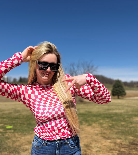 Rose Checkered Pattern Mesh Mock Neck Long Sleeve Top