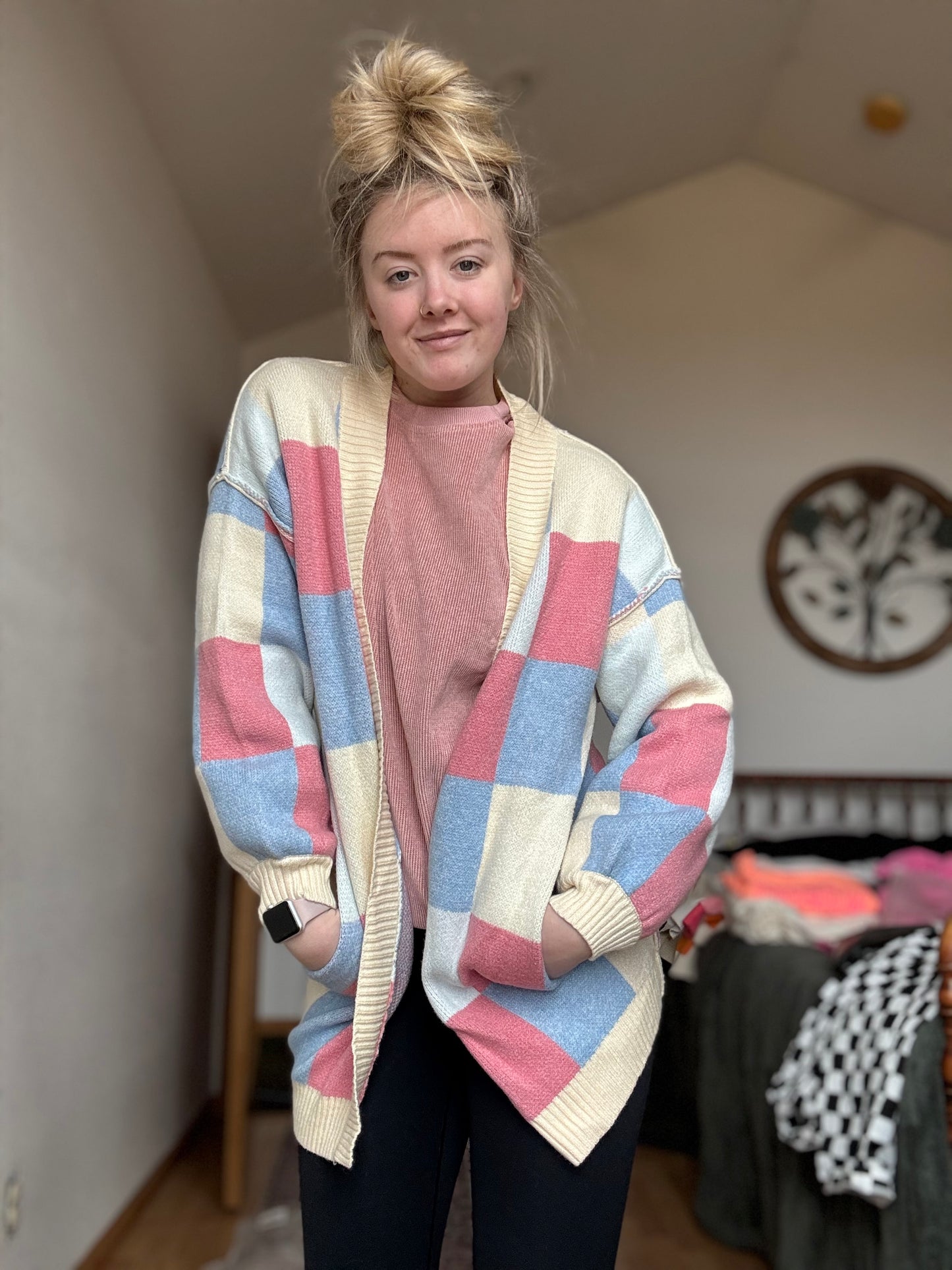 Checker Reverse Seam Open Front Cardigan