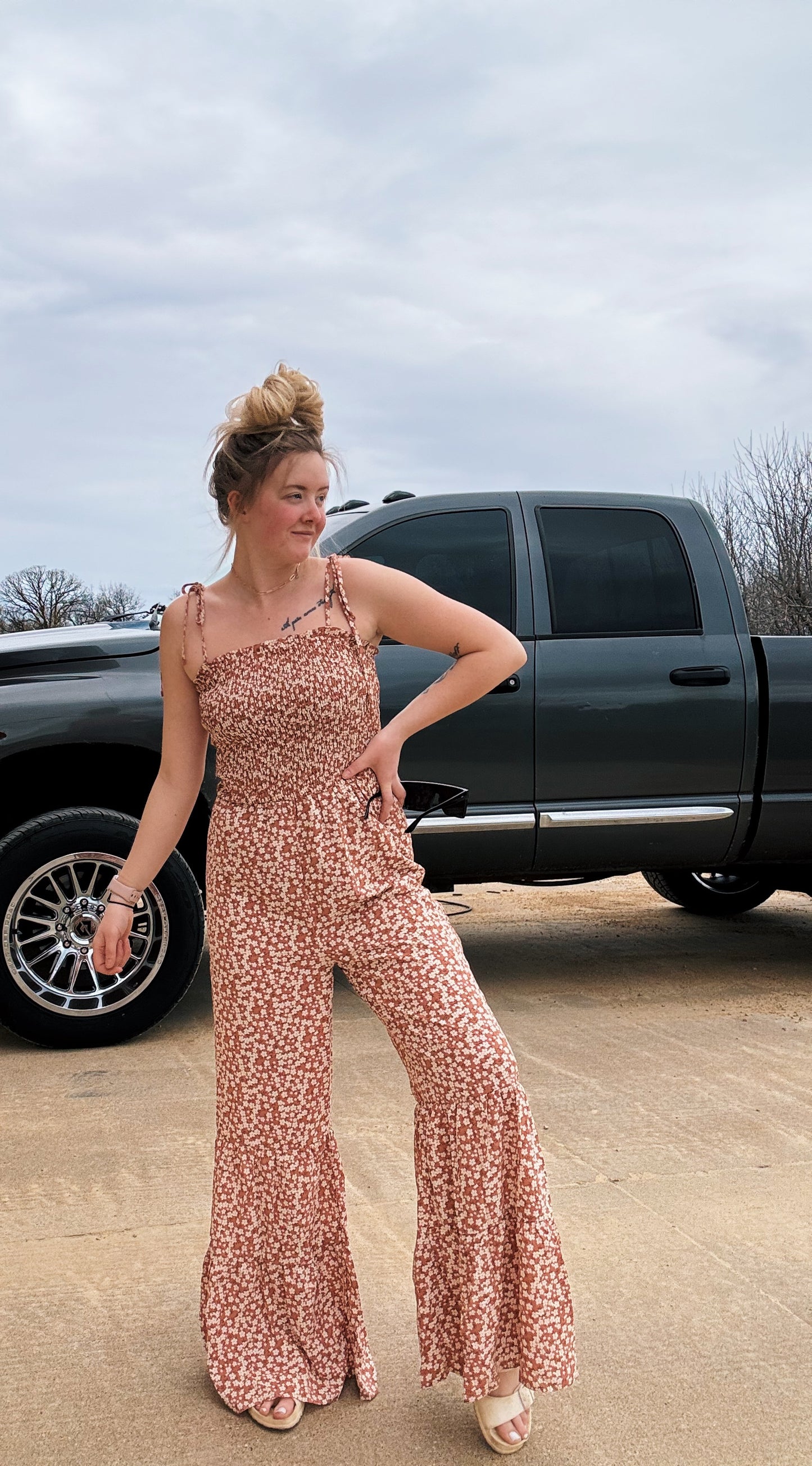 Thin Straps Smocked Bodice Wide Leg Floral Jumpsuit
