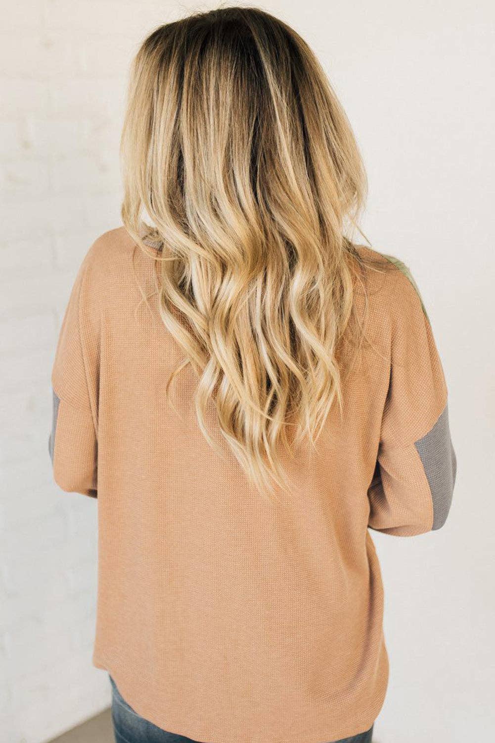 Buckskin Color Block Thermal Textured Knit Drop Shoulder Henley Top