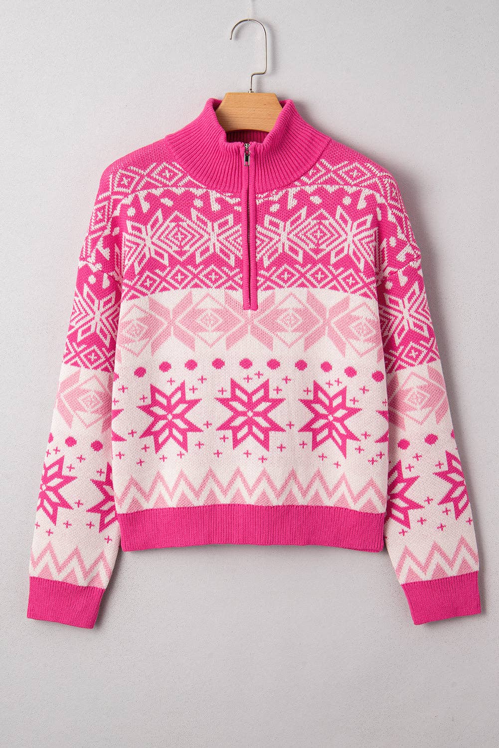 Pink Christmas Snowflake Quarter Zip Sweater