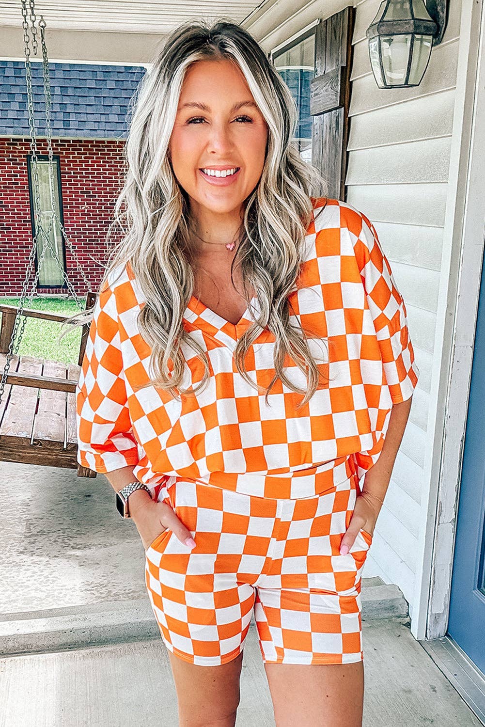 Orange Checkerboard Tee and Shorts Lounge Set