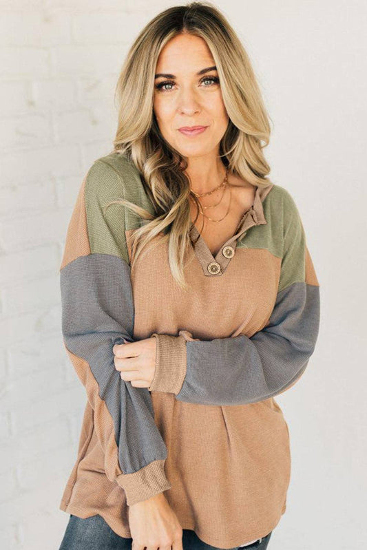 Buckskin Color Block Thermal Textured Knit Drop Shoulder Henley Top