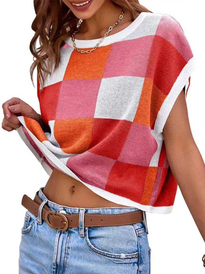 Color Block Checkered Knit Sweater Top