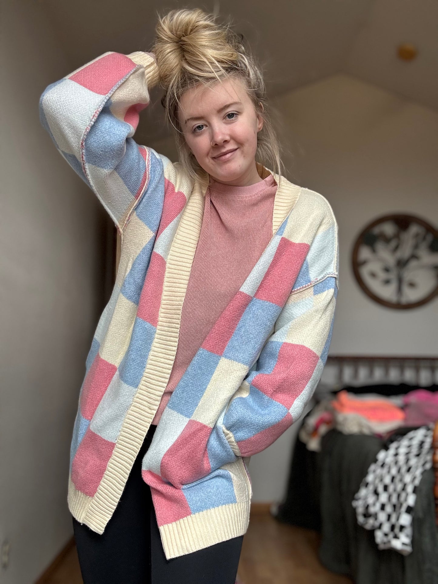 Checker Reverse Seam Open Front Cardigan