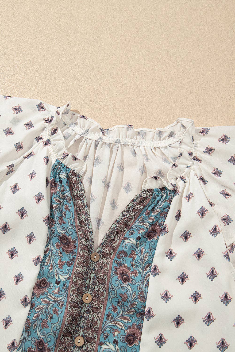 White Boho Pattern Tiered Ruffled Sleeve V Neck Buttoned Blouse