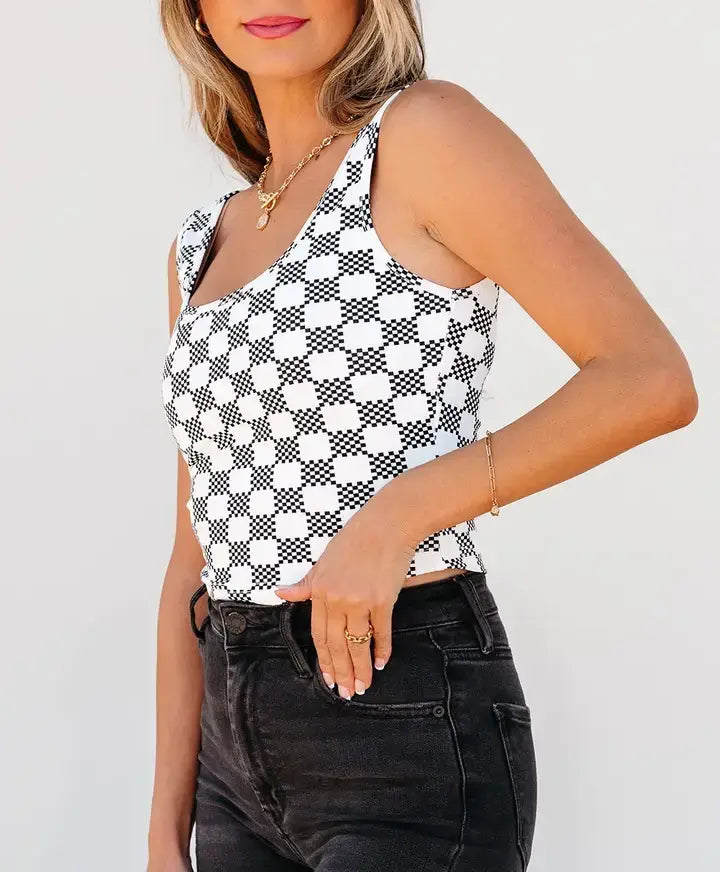 Black Checkered Print U Neck Cropped Tank Top