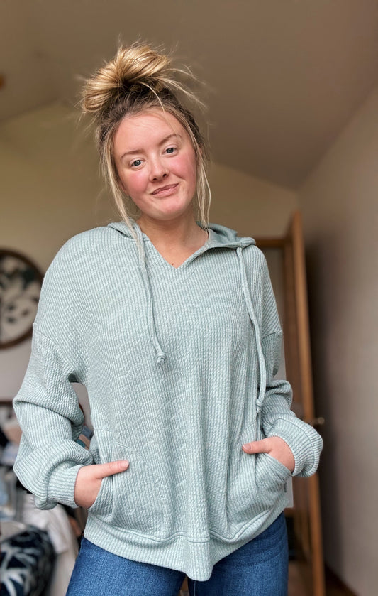 Solid Ribbed Drop Shoulder Hoodie