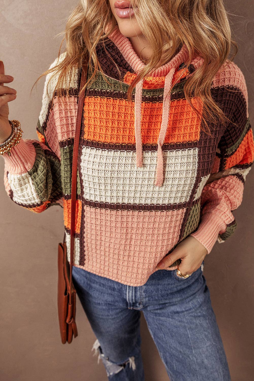 Colorblock Waffle Knit Drawstring Mock Neck Sweater