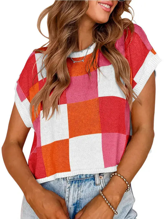 Color Block Checkered Knit Sweater Top