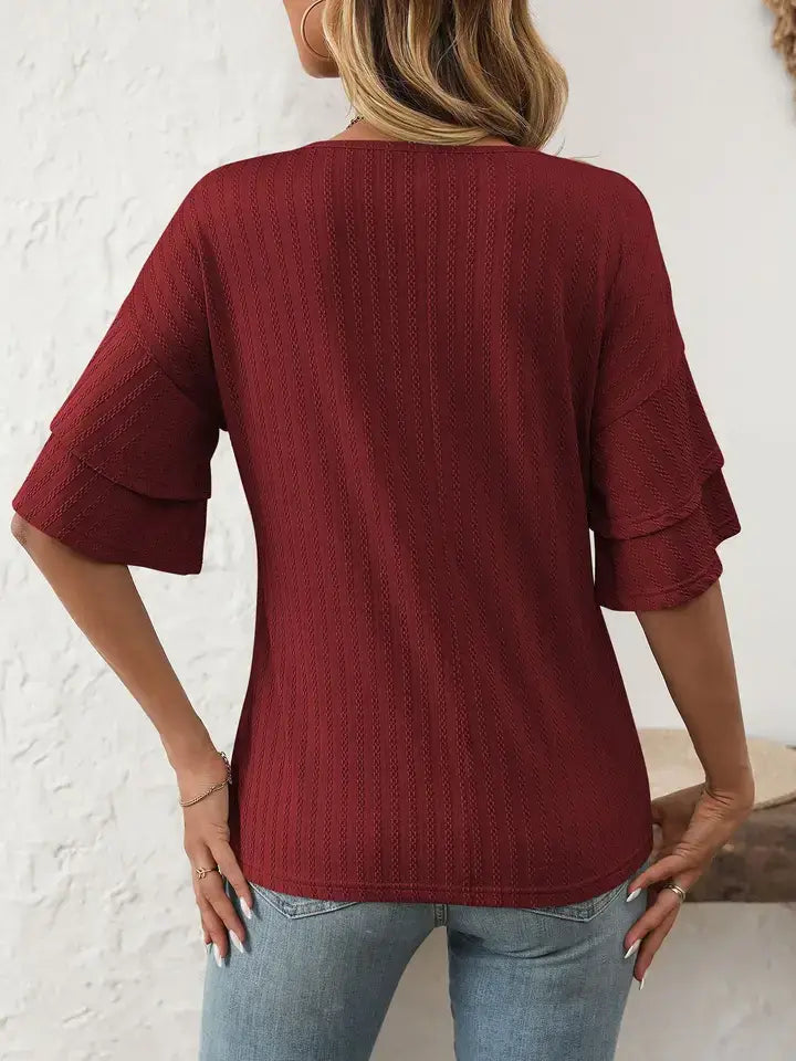 Solid V Neck Ruffle Sleeve Short Sleeve Summer Top