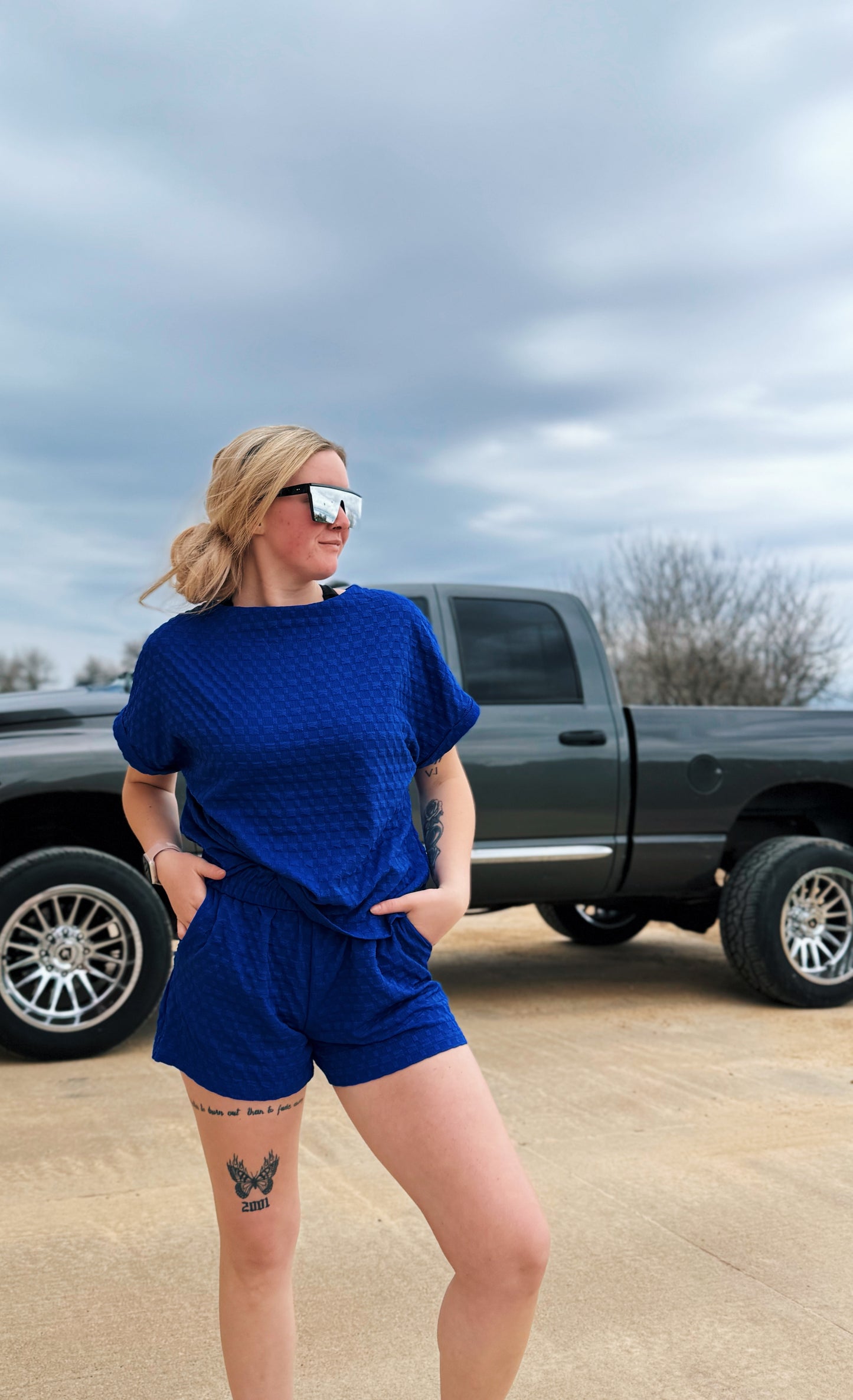 Sky Blue Jacquard Textured Buttoned Tee and Shorts Set