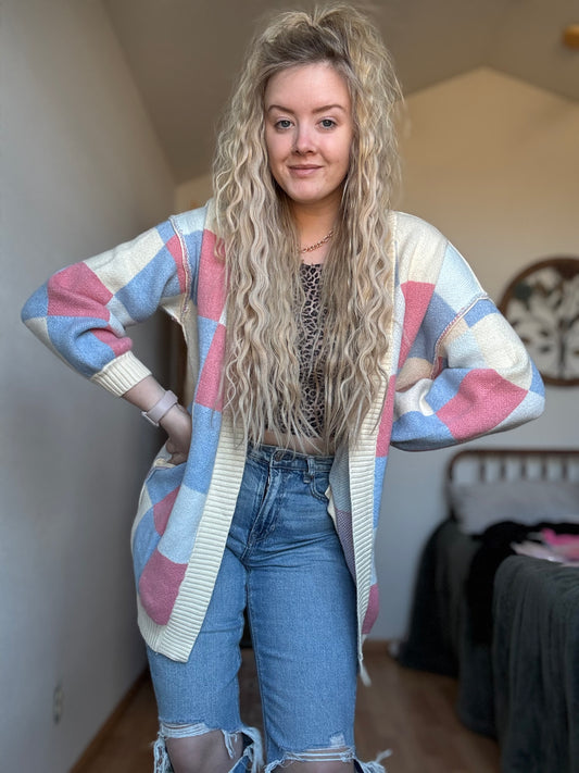 Checker Reverse Seam Open Front Cardigan