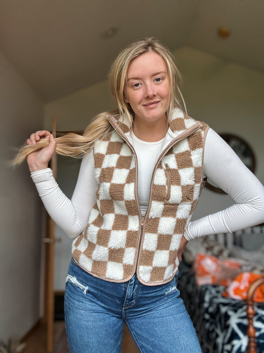 Checker Sherpa Zipped Jacket Vest