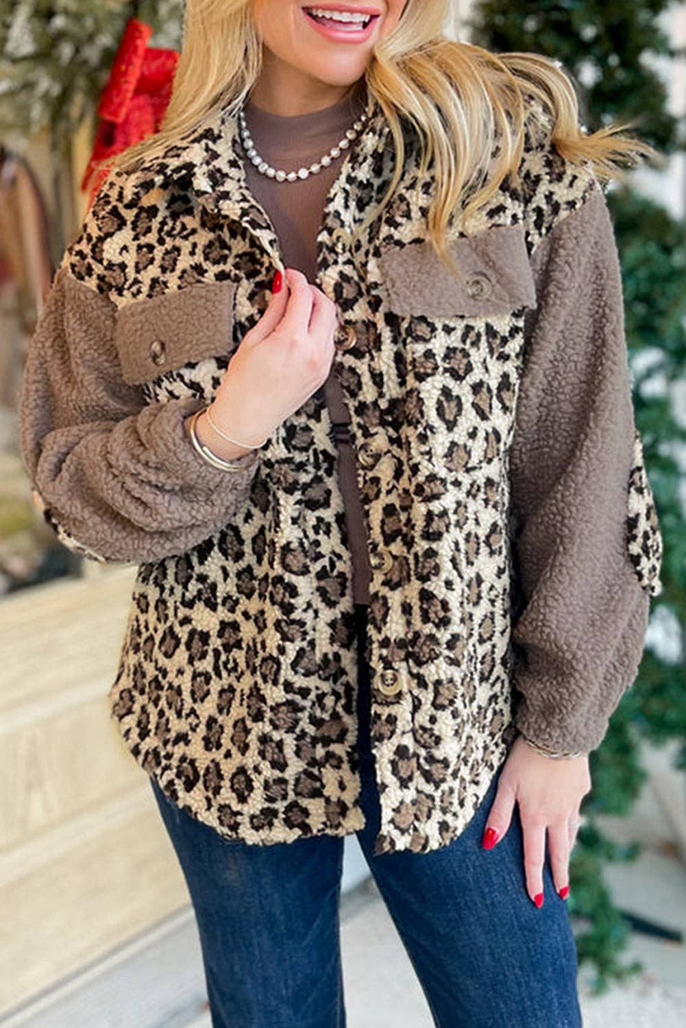 Brown Sherpa Leopard Print Button Up Jacket