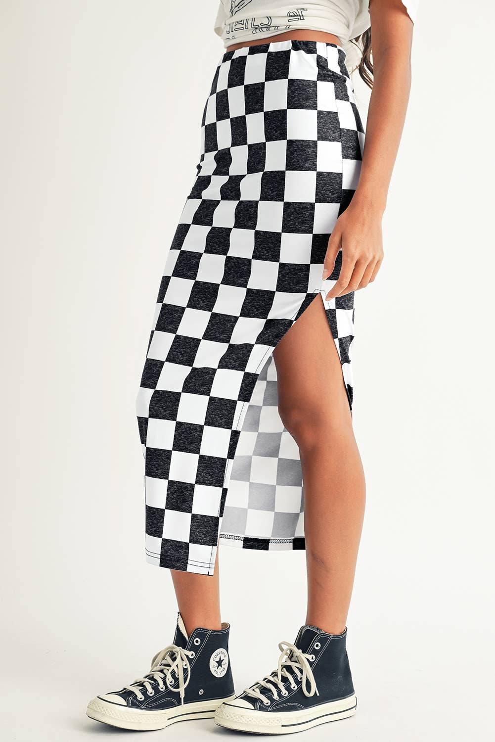 LDC Checkered Print Side Slit High Waist Midi Skirt