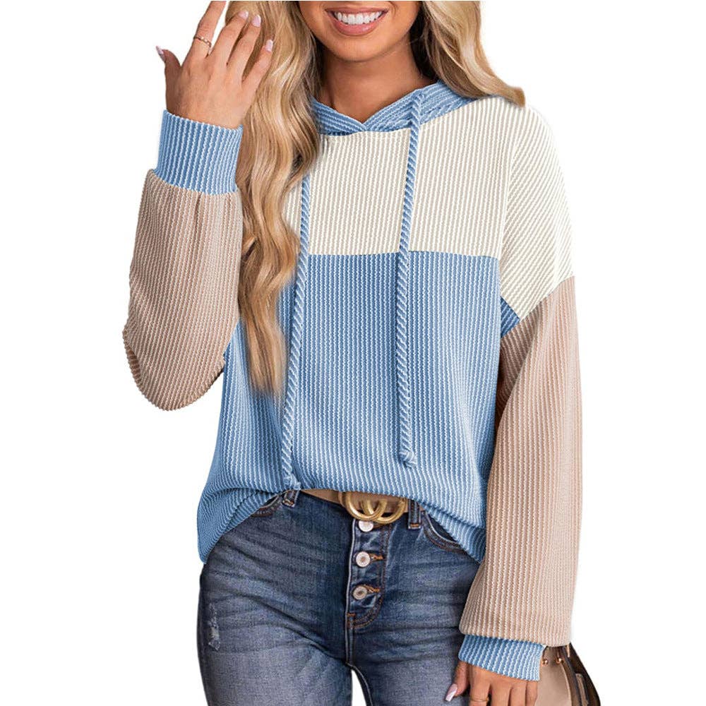 Colorblock Knit Hoodie Pullover Casual Loose Fit Sweatshirt
