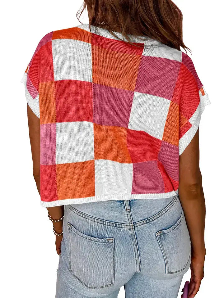 Color Block Checkered Knit Sweater Top