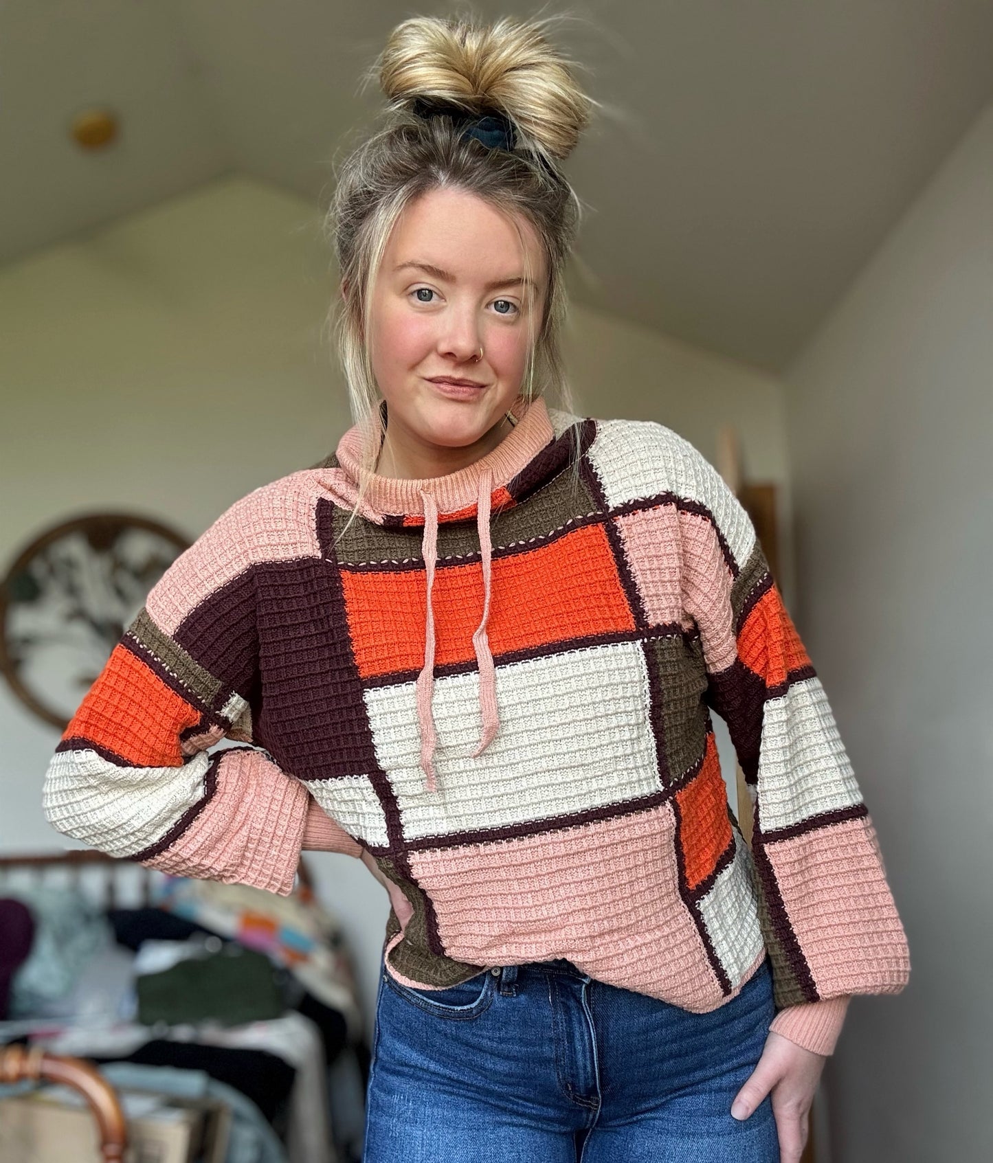 Colorblock Waffle Knit Drawstring Mock Neck Sweater