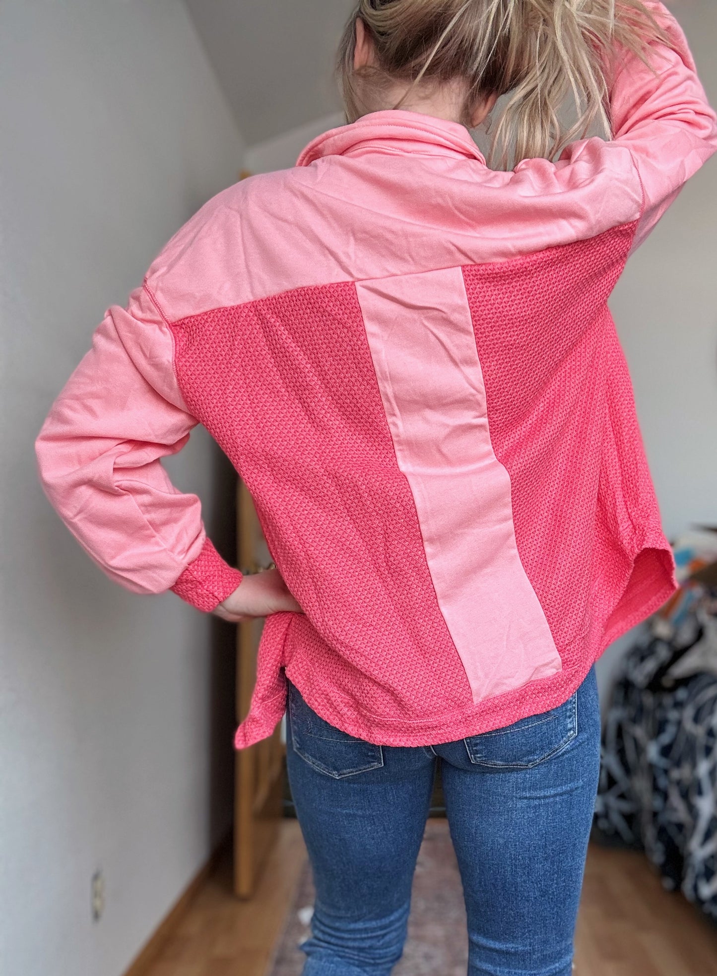 Two Tone Contrast Waffle Knit Buttoned Loose Shacket