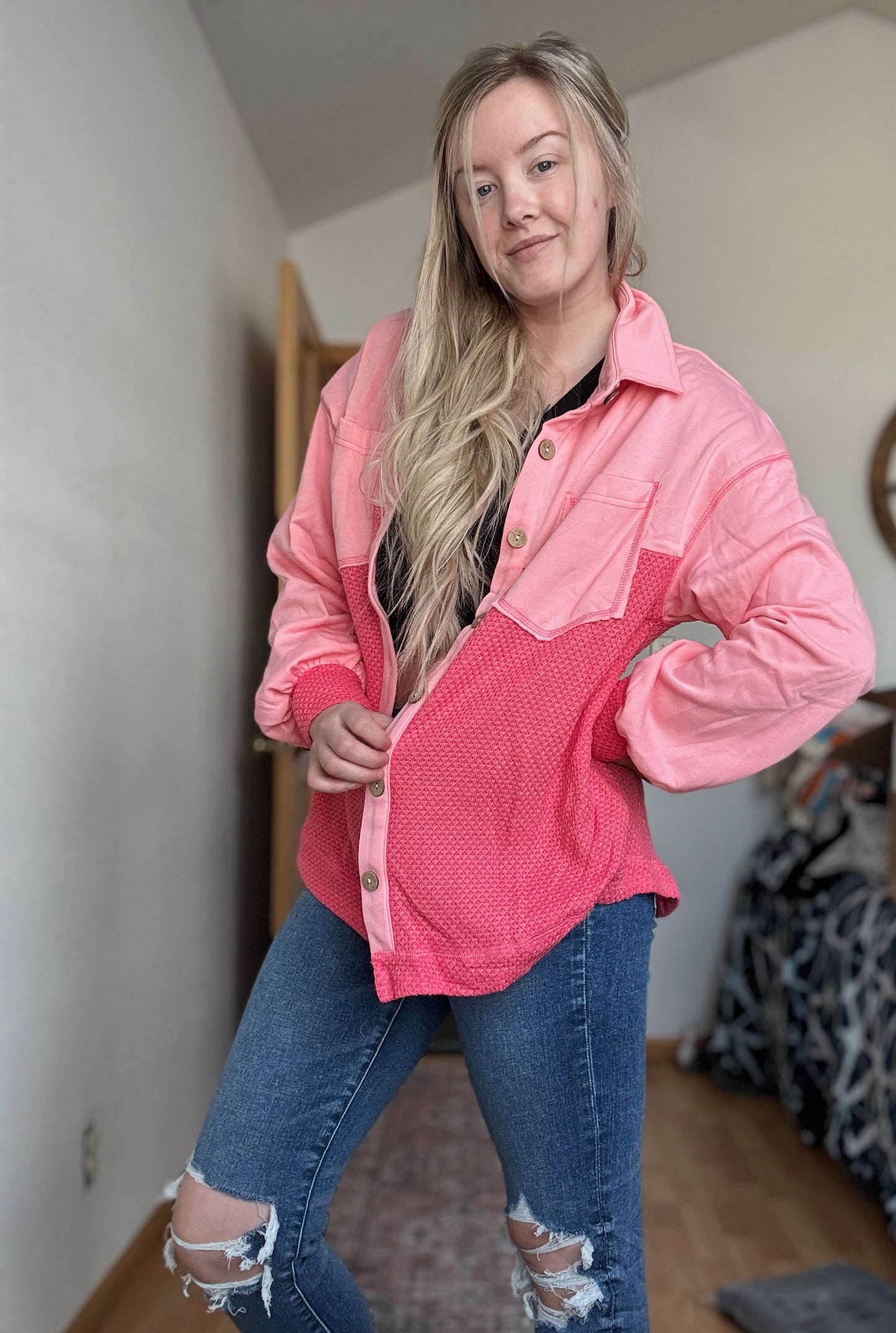 Two Tone Contrast Waffle Knit Buttoned Loose Shacket