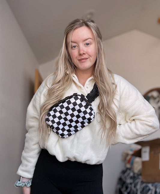 LDC Checkered Print Buckle Wide Belt Crossbody Bag