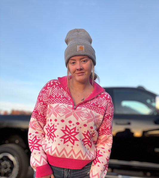 Pink Christmas Snowflake Quarter Zip Sweater