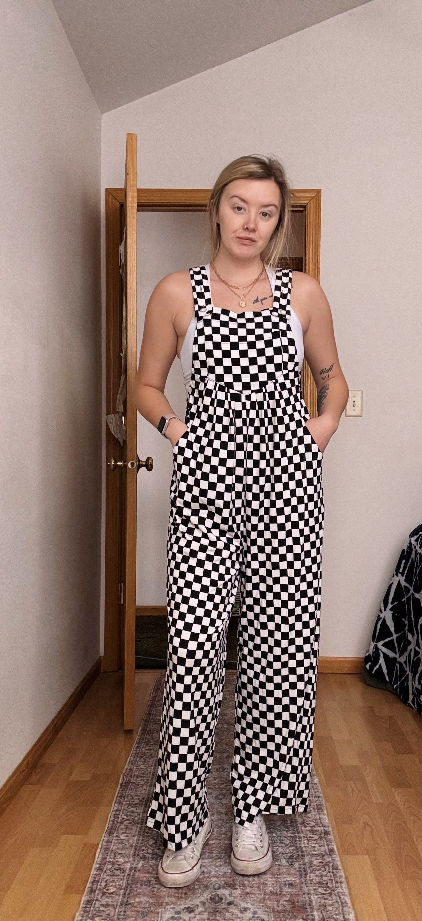 Checkered Print Pocketed Wide Leg Jumpsuit