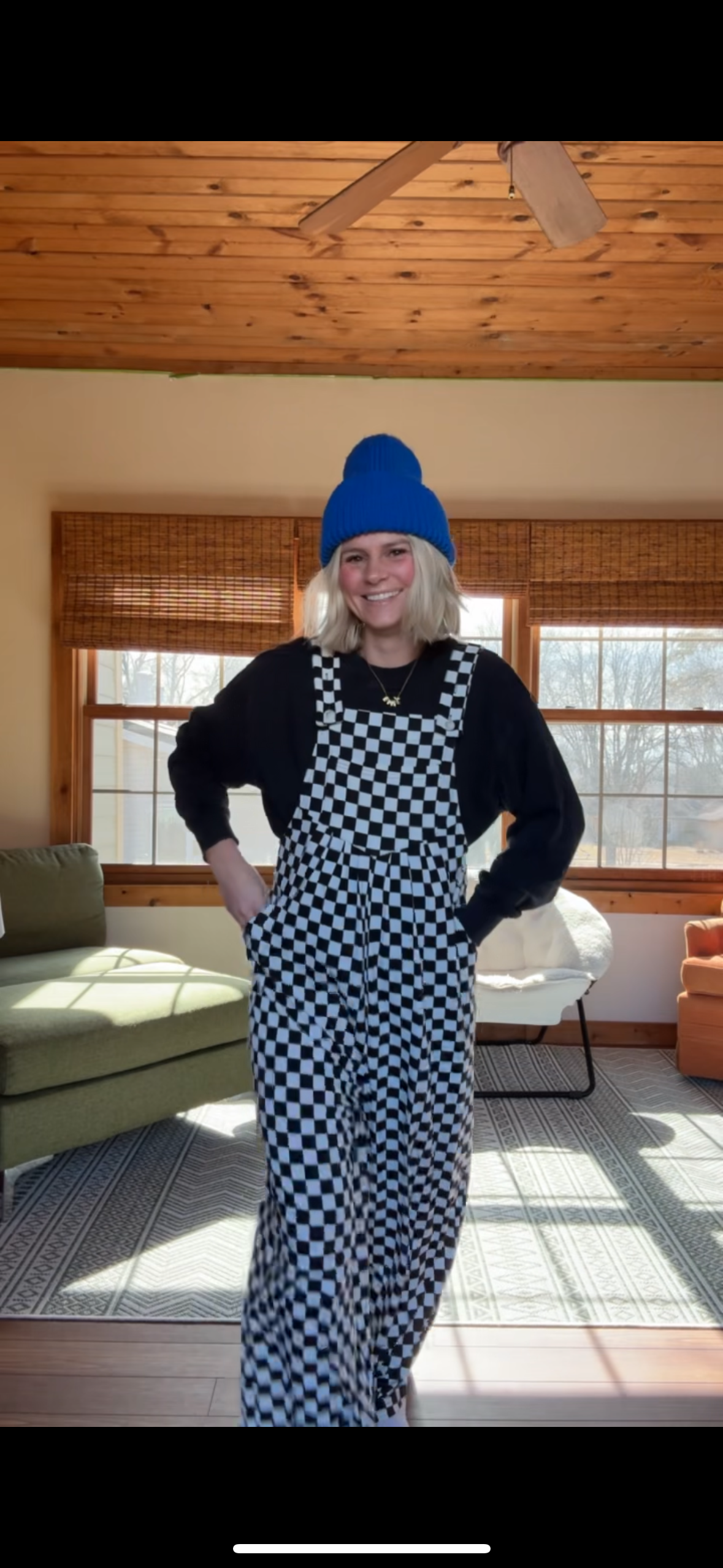 Checkered Print Pocketed Wide Leg Jumpsuit