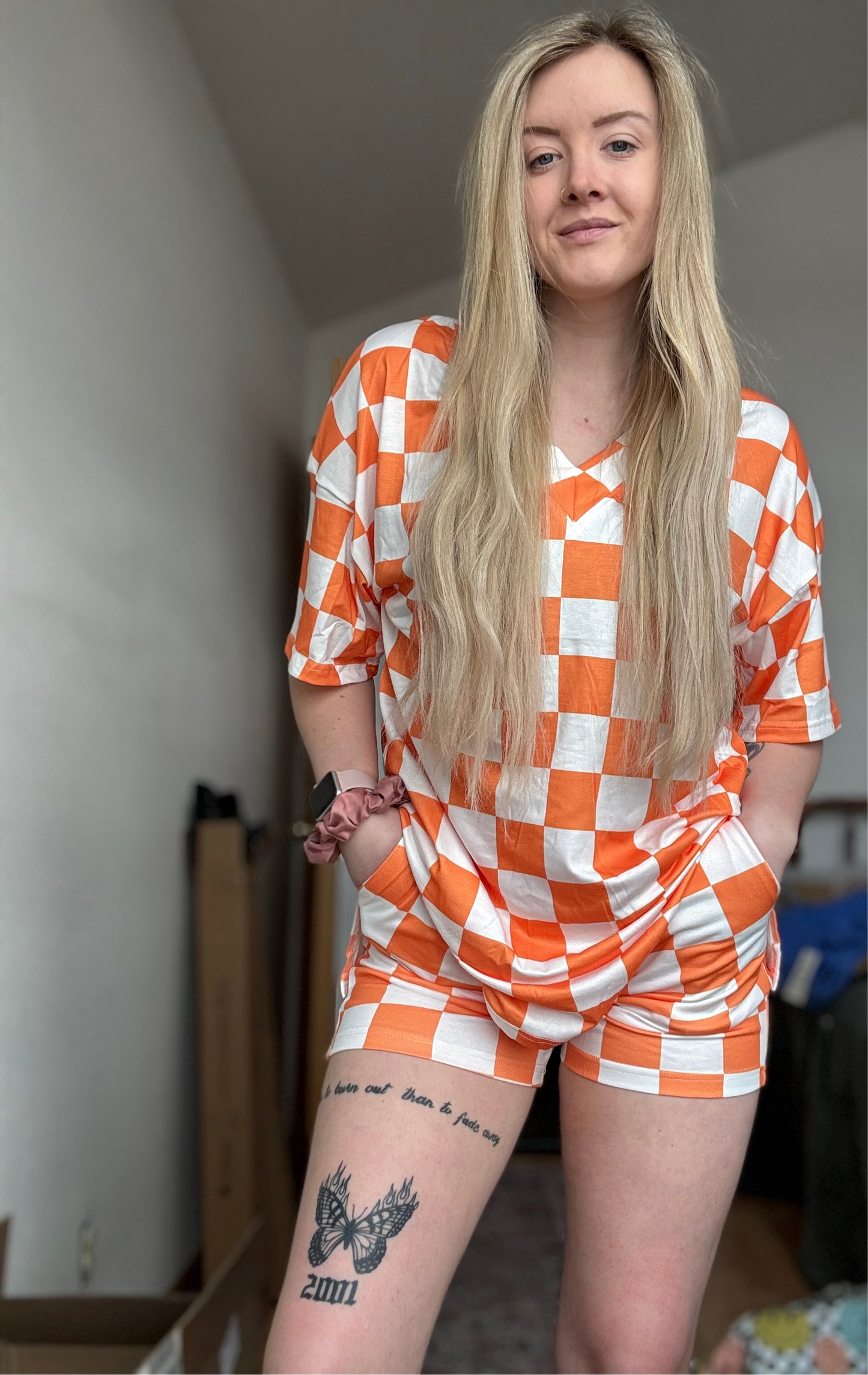 Orange Checkerboard Tee and Shorts Lounge Set