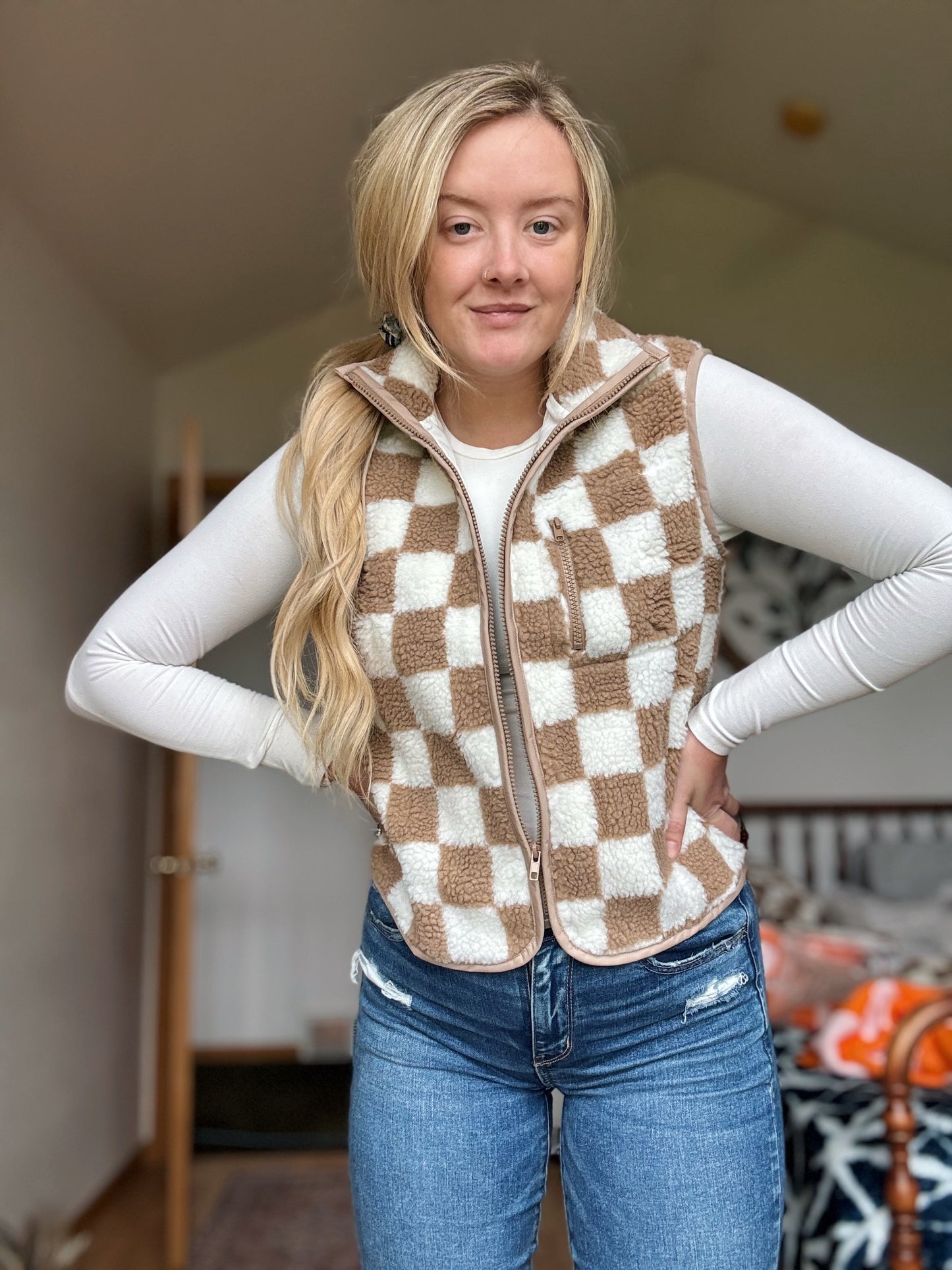 Checker Sherpa Zipped Jacket Vest