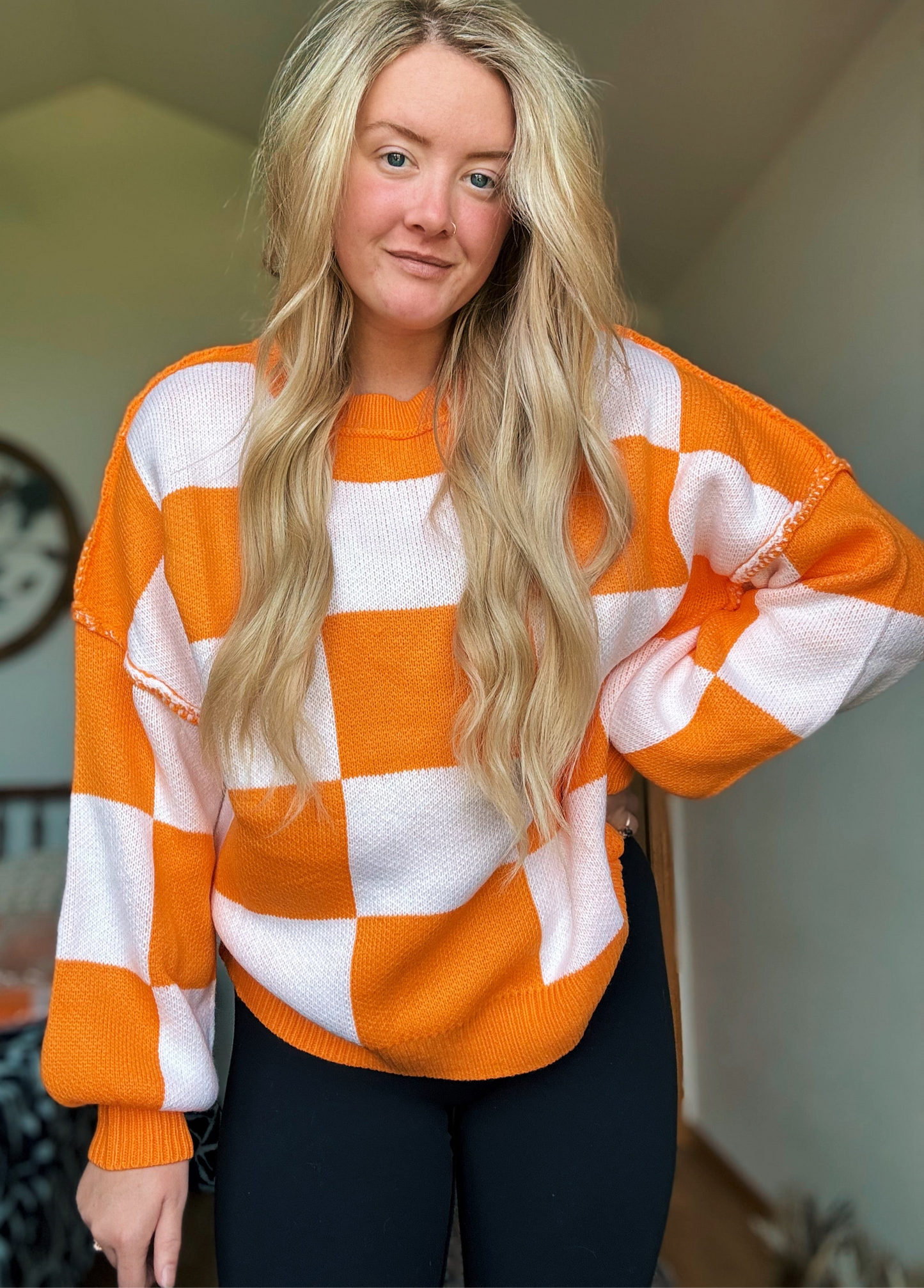 Checker Reverse Seam Crewneck Sweater