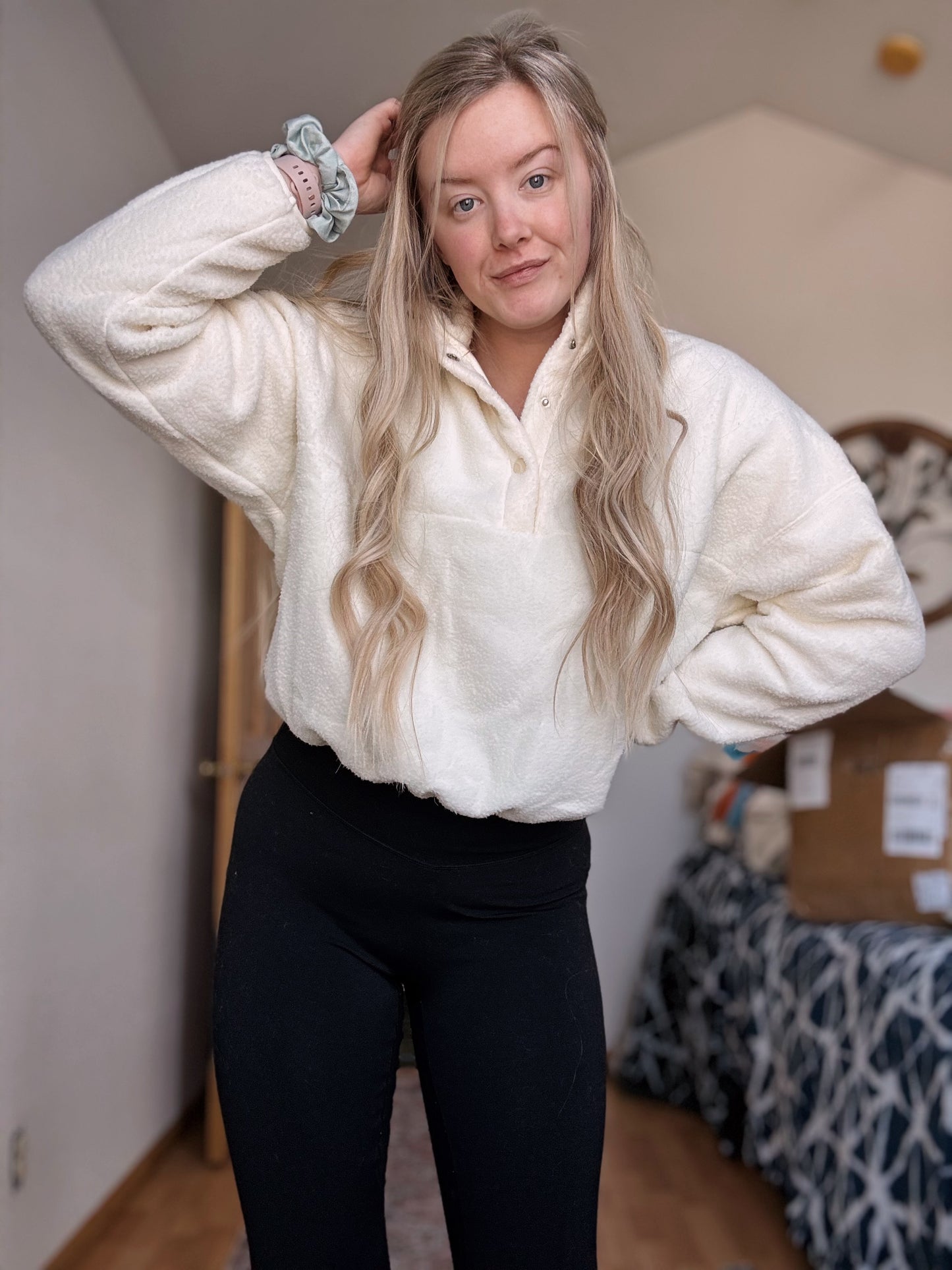 Fleece Buttoned Collar Drop Shoulder Sweatshirt