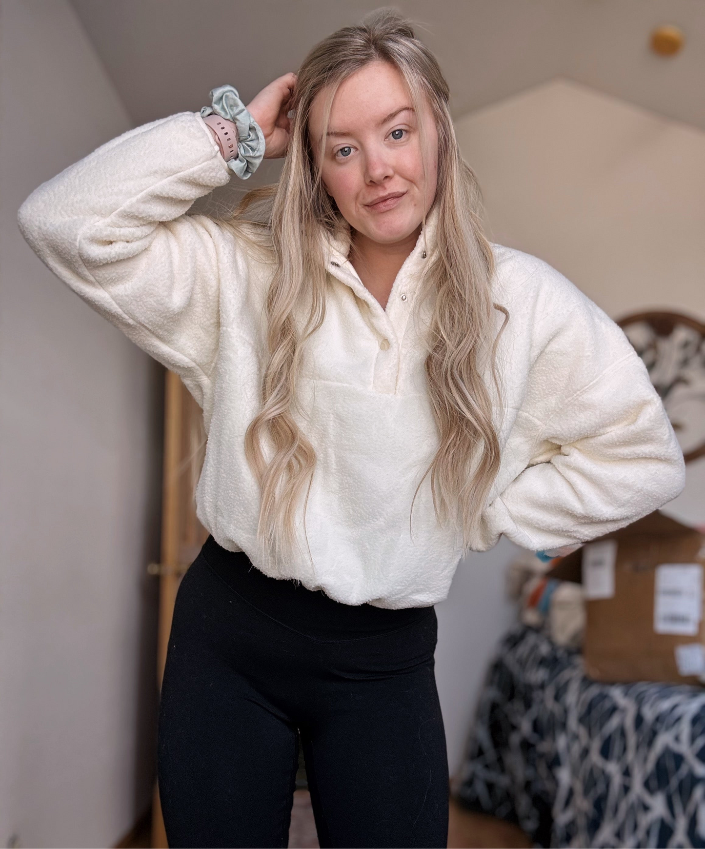 Fleece Buttoned Collar Drop Shoulder Sweatshirt