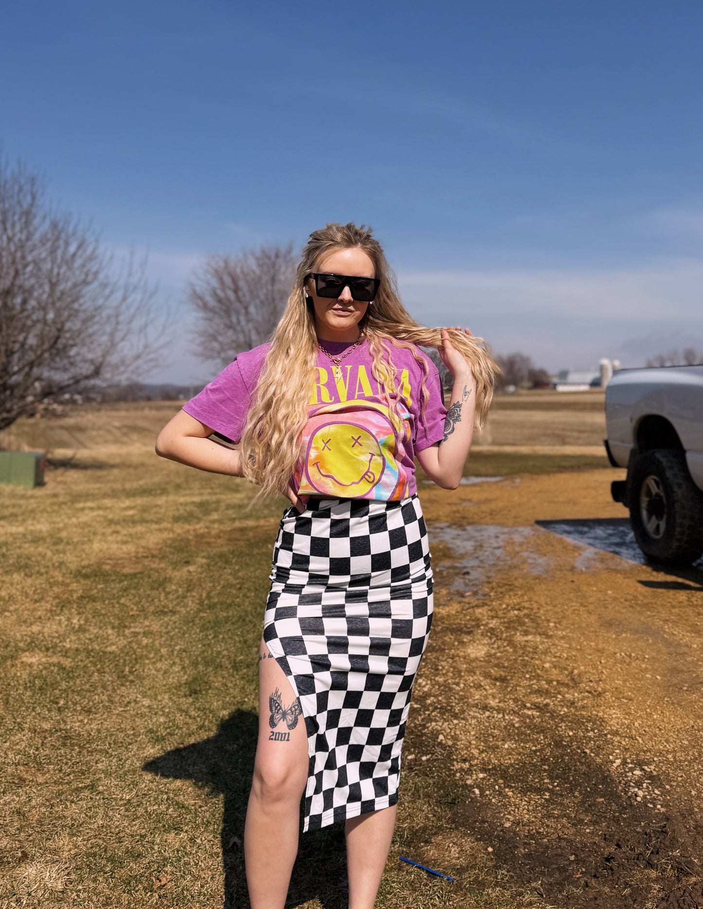 LDC Checkered Print Side Slit High Waist Midi Skirt